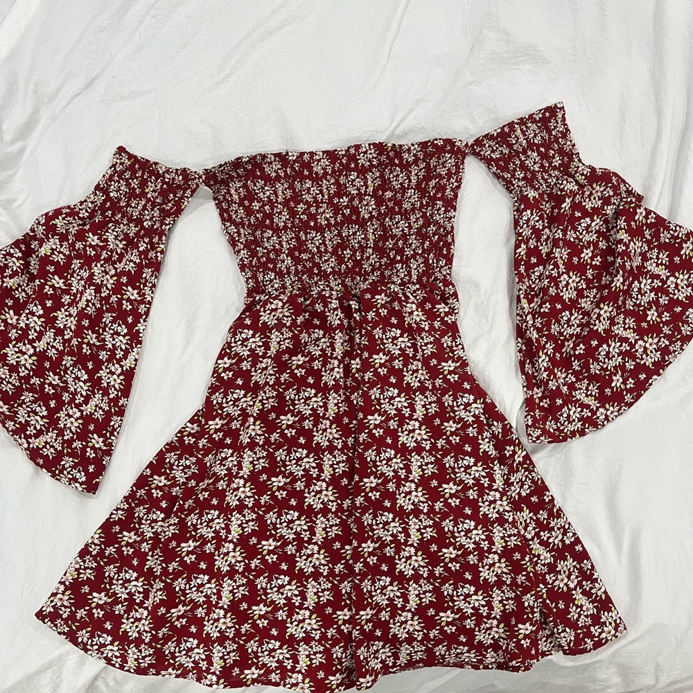 Burgundy and white floral off the shoulder dress #cottagecore